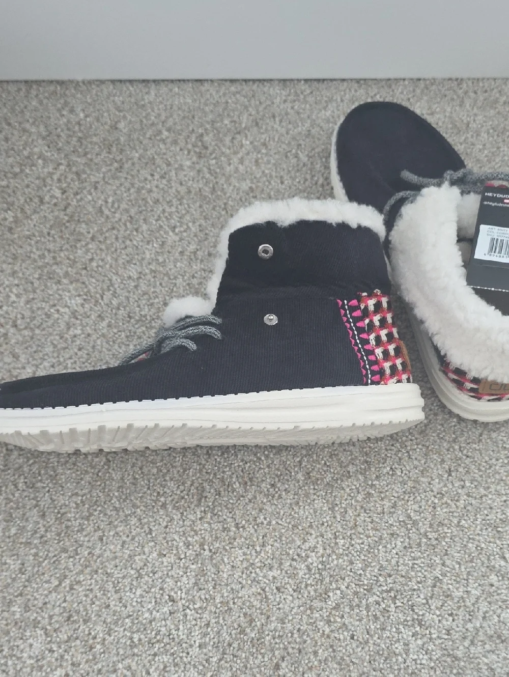 Hey Dude Womens Black Slip-On Shoes with Cream Lining and Pink Bead Accents - Picture 8 of 8